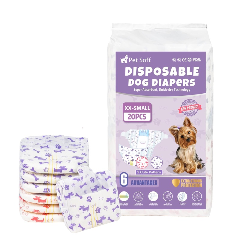 Pet Soft Female Dog Diapers – Disposable Doggie Diapers with Wetness Indicator, Puppy & Cat Diapers Super Absorbent, Fit for Female Dog in Heat or Incontinence, 20pcs (XXS, Purple+Red) Mixed-Pack of 20 XX-Small