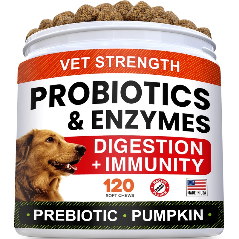 Vet Strength Dog Probiotics Treats – 1 Billion CFU + Digestive Enzymes + Prebiotics – Chewable Fiber w/ Pumpkin – Allergy, Diarrhea, Gas, Constipation, Upset Stomach Relief – Peanut Butter-100+ct