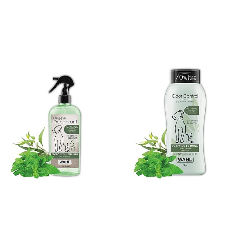 Wahl USA Deodorizing & Refreshing Pet Deodorant for Dogs – Eucalyptus & Spearmint Scent & Wahl USA Odor Control Shampoo for Dogs & Pets – Eucalyptus & Spearmint Animal Deodorizer
