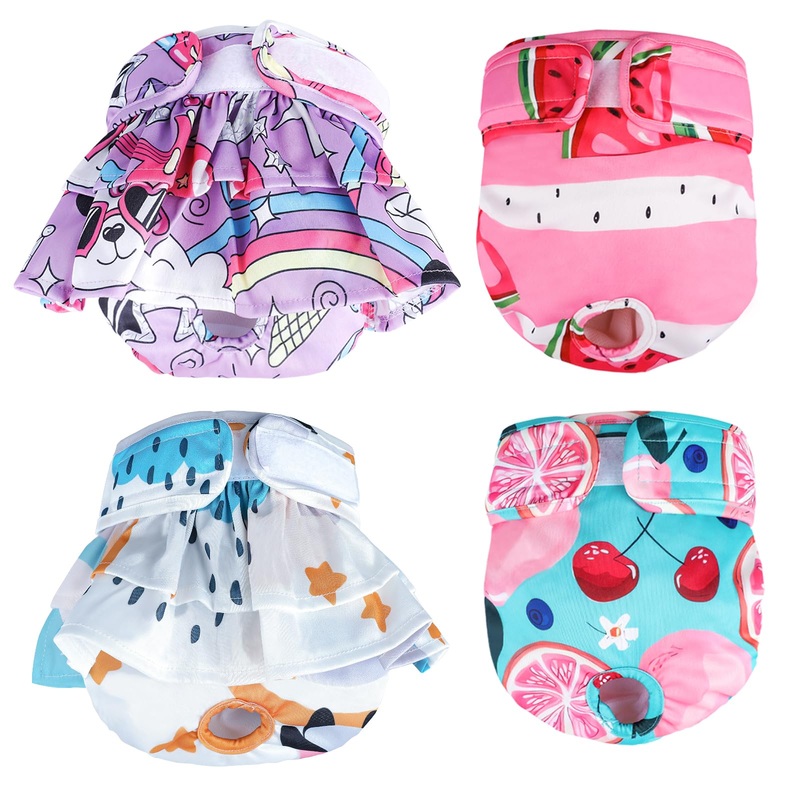 XPCARE Washable Female Dog Diapers (4 Pack) – Reusable Doggie Diapers with Adjustable Snaps, High Absorbency Leak-Proof Puppy Diapers for Female Dog in Heat, Period, IncontinenceS Animal + Fruit Small