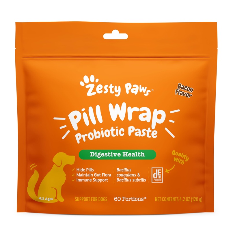 Zesty Paws Pill Wrap Probiotic Paste for Dogs – Immune & Digestive System Support – Bacon Flavor – with DE111 Bacillus subtilis – Pockets Any Pill, Tablet & Capsule for Your Dog – 4.2oz – 60 Portions