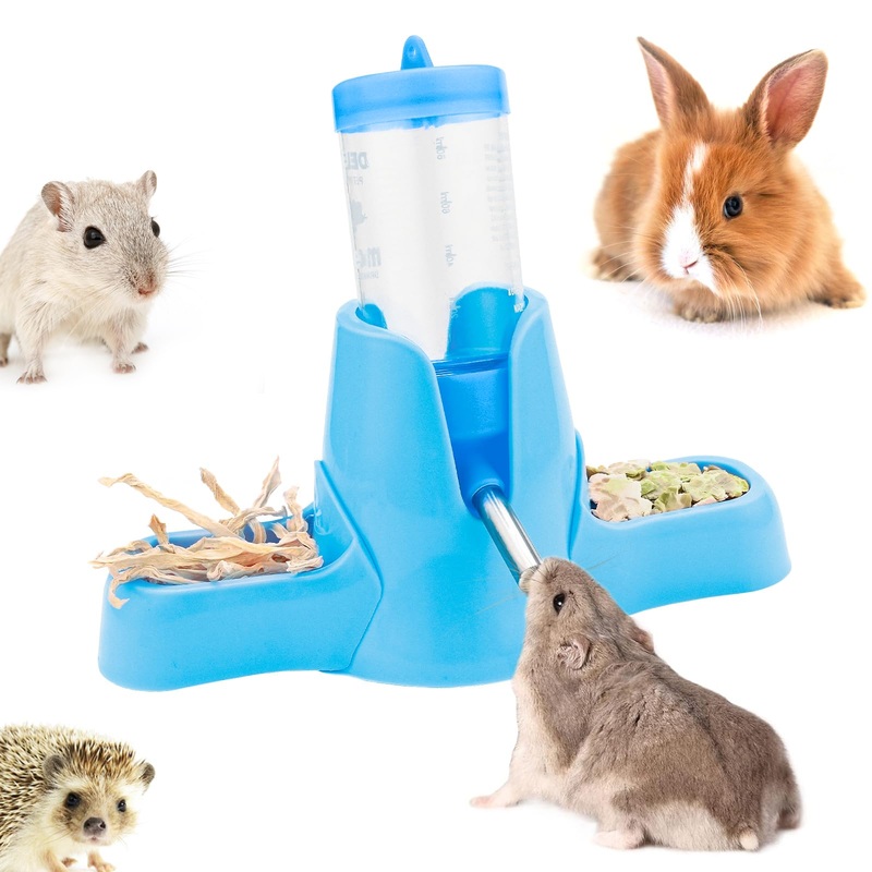 3 in 1 Hamster Water Bottle Small Animal Water Bottle with Food Container Base Automatic Bottle Dispenser BPA Free for Guinea Pig Hamster Chinchilla Squirrel Bunny Small Animals (Blue, 2.7oz) Blue