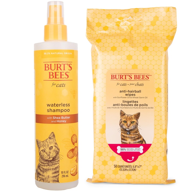 Burt’s Bees for Pets Cats Grooming Bundle: Waterless Cat Shampoo with Apple & Honey, Naturally Derived Ingredients, 10oz & Hairball Reducing Wipes, 50ct