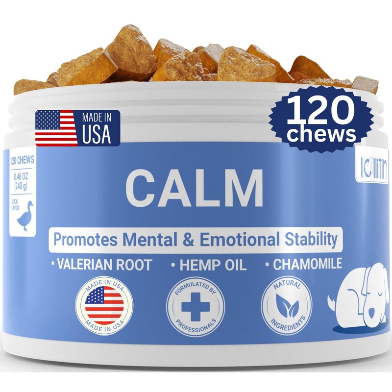 Calming Chews for Dogs – Separation Anxiety, Grooming, Fireworks, Storms, Barking – Reduce Stress, Tension – All-Natural – Duck Flavor – 120 Chews – Small, Medium, Large Dogs, All Breeds