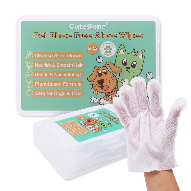 CuteBone Pet Glove Wipes – Dual-Sided Grooming Gloves with Wipes, Gentle and Effective Cleaning for Dogs, Removes Dirt, Fur, and Dander, Convenient and Mess-Free Grooming Solution, 6 Count