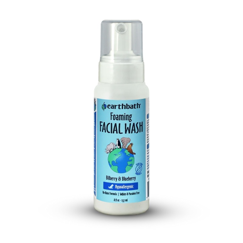 earthbath, Foaming Facial Wash – Dog Face Wash, Hypoallergenic, Tear Free Formula, Sulfate & Paraben Free, Cruelty-Free, Vegan, Gluten-Free, Bilberry & Blueberry Facial for Dogs & Cats – 8 Oz