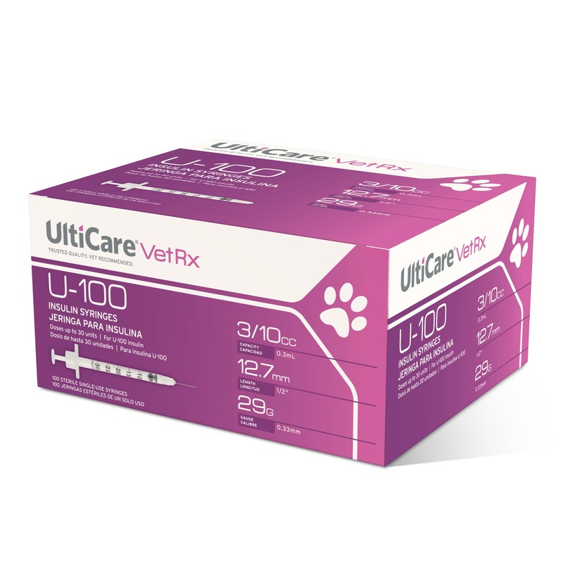 UltiCare VetRx U-100 Pet Insulin Syringes, Comfortable and Accurate Dosing of Insulin for Pets, Compatible with Any U-100 Strength Insulin, Size: 3/10cc, 29G x 1/2, 100 ct Box