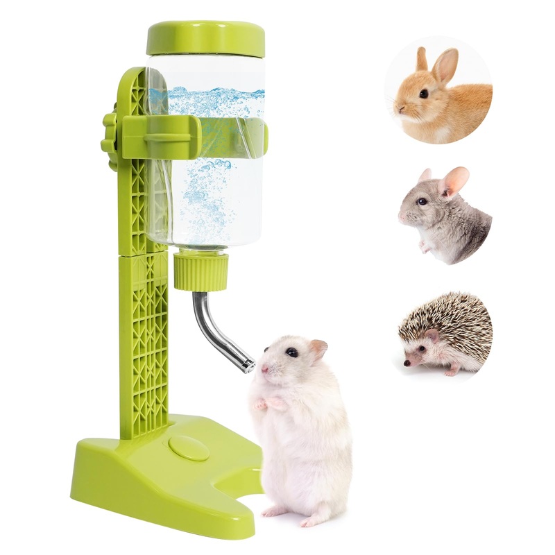 Vannon 13oz Pet Standing Water Dispenser Top Fill Pet Water Bottle Dispenser with Stand Pet Slow Water Bottle for Small Animals, BPA Free, Adjustable Height, Green