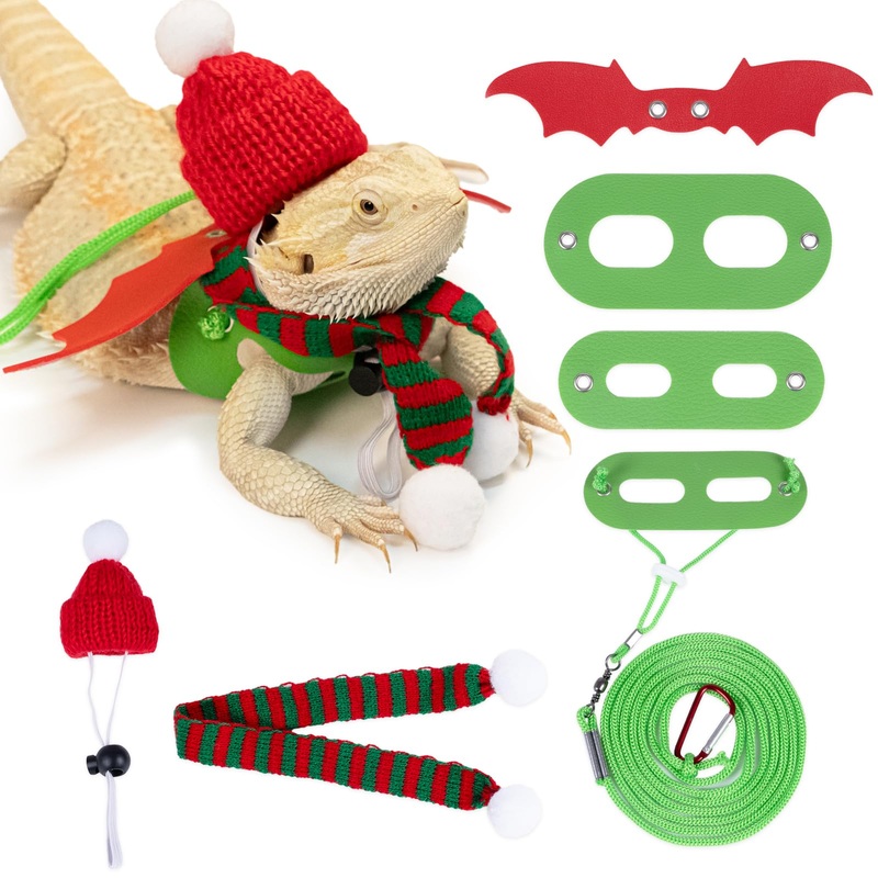 Christmas Bearded Dragon Costume Set with Santa Hat Scarf Adjustable Wings Lizard Leash Harness Red Green