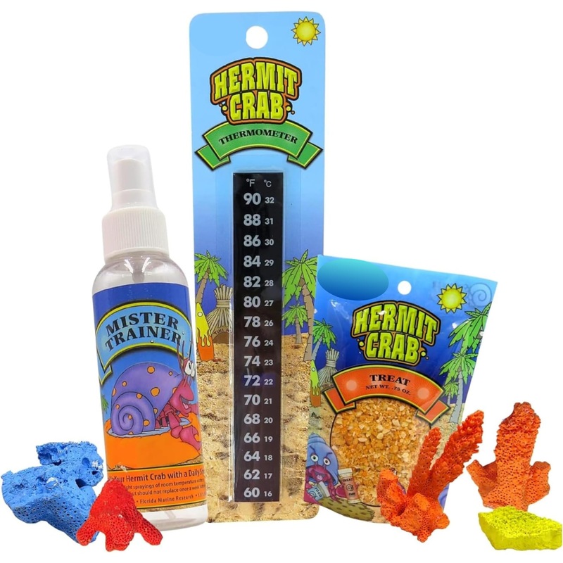 Hermit Crab Supplies, Mister Trainer, Thermometer, Treat Bag, and Coral Pieces, Beginner Pet Starter Pack, 7 Items