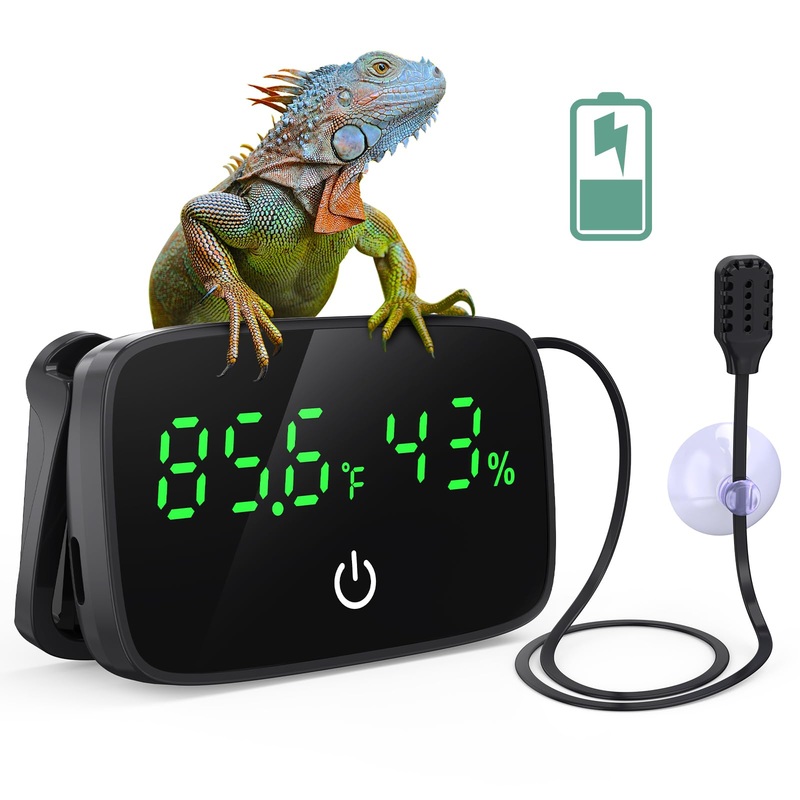 Reptile Thermometer Hygrometer, LED Digital Terrarium Thermometer and Humidity Gauge Snake Tank Accessories with USB Charging for Bearded Dragon, Tortoise, Reptile Tank, (Include 31.5” Cable)